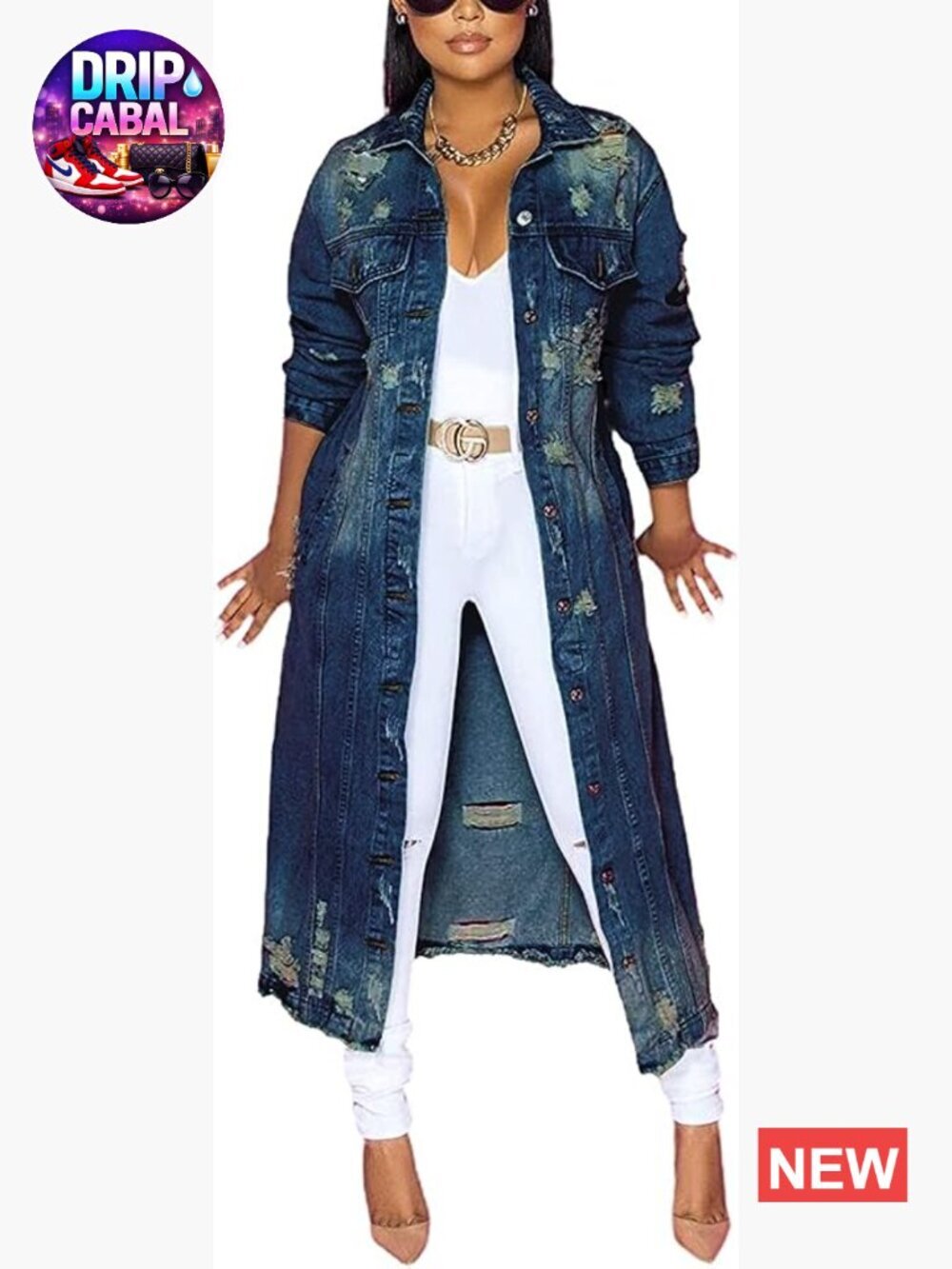 Ripped Holes Maxi Long Denim Jacket Trench Coat Lightweight Button Down